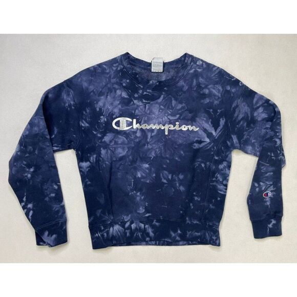 Champion Tops - Champion Reverse Weave Crewneck Sweatshirt Women XS Blue Tie Dye Logo